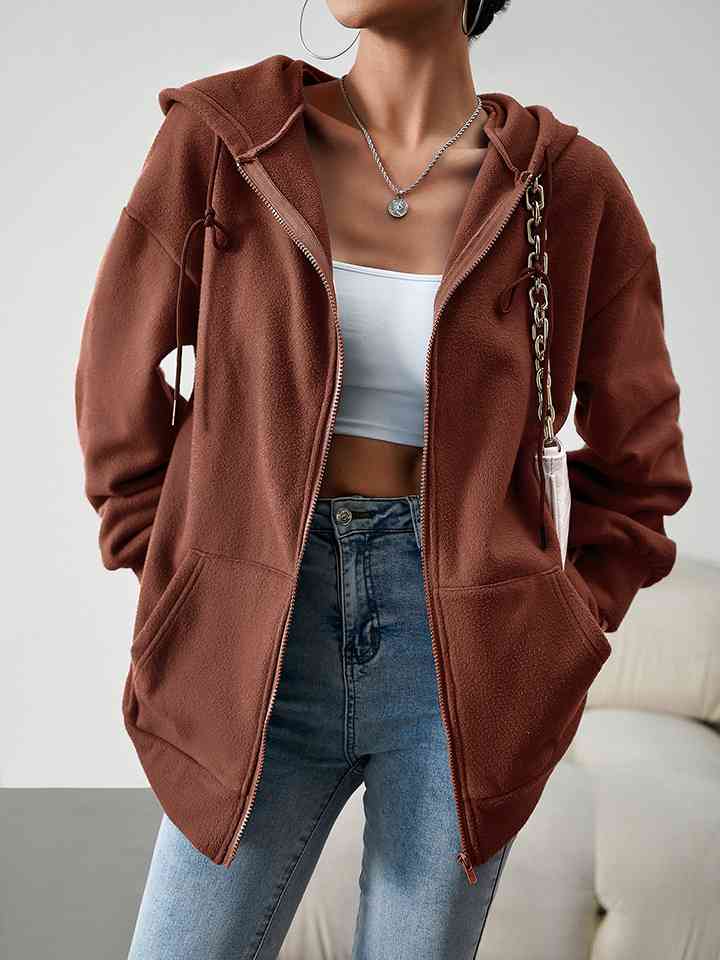 Dropped Shoulder Hooded Jacket with Pocket - Brown / S - Jackets & Coats - Coats & Jackets - 1 - 2024