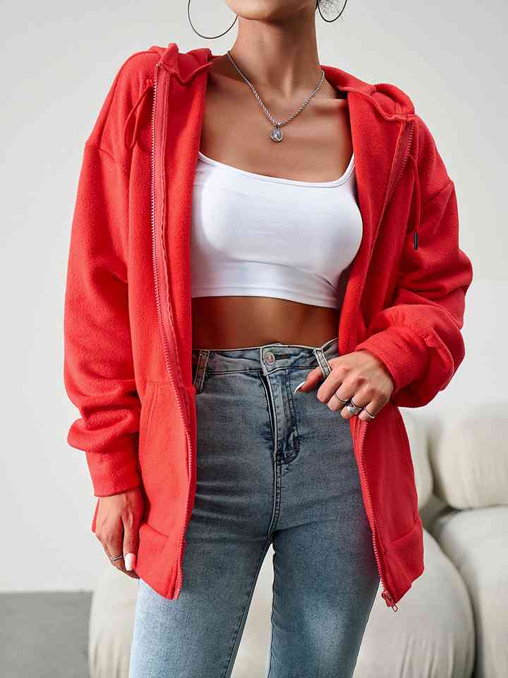 Dropped Shoulder Hooded Jacket with Pocket - Red / S - Jackets & Coats - Coats & Jackets - 4 - 2024