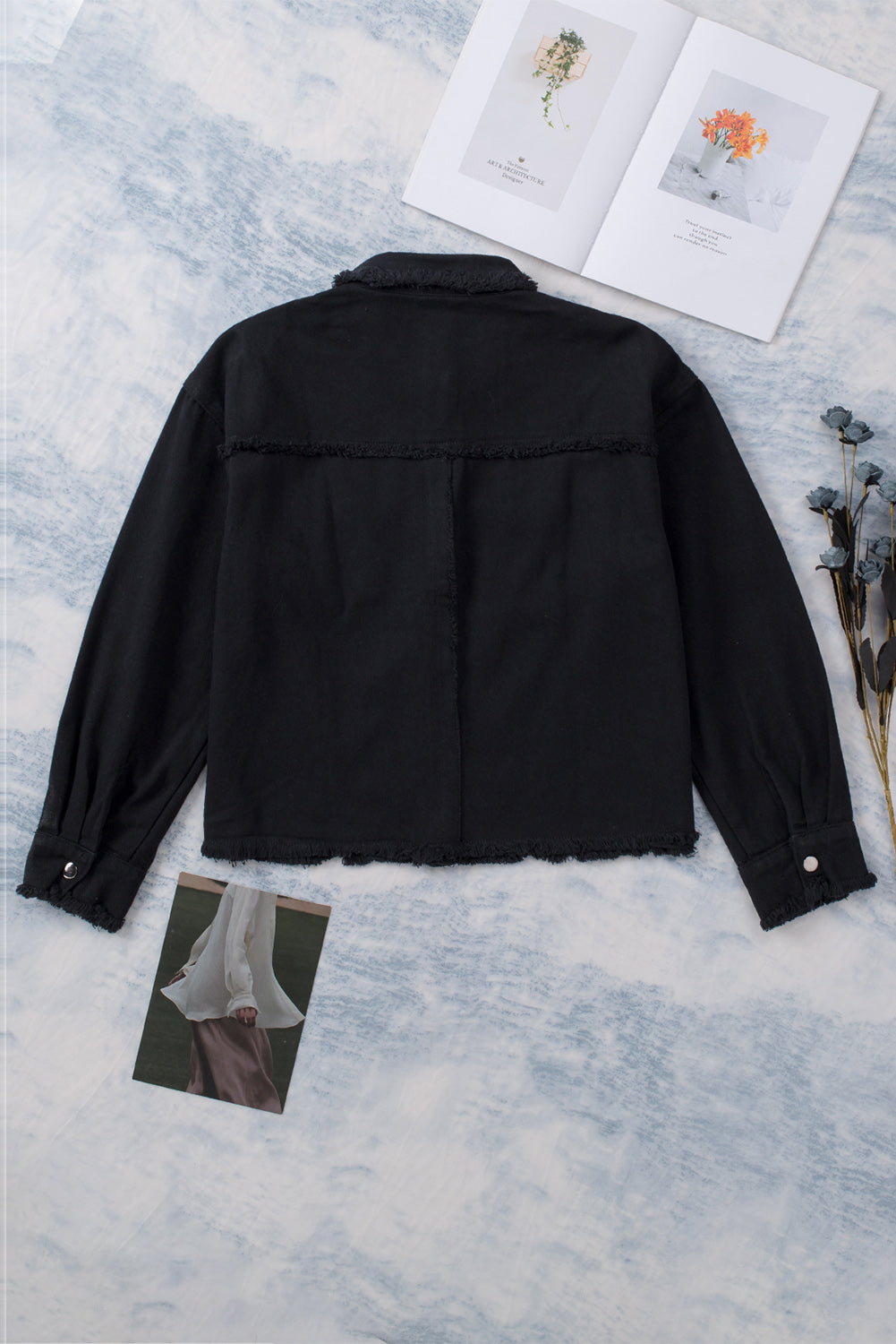 Frayed Trim Snap Down Denim Jacket - Jackets & Coats - Coats & Jackets - 7 - 2024