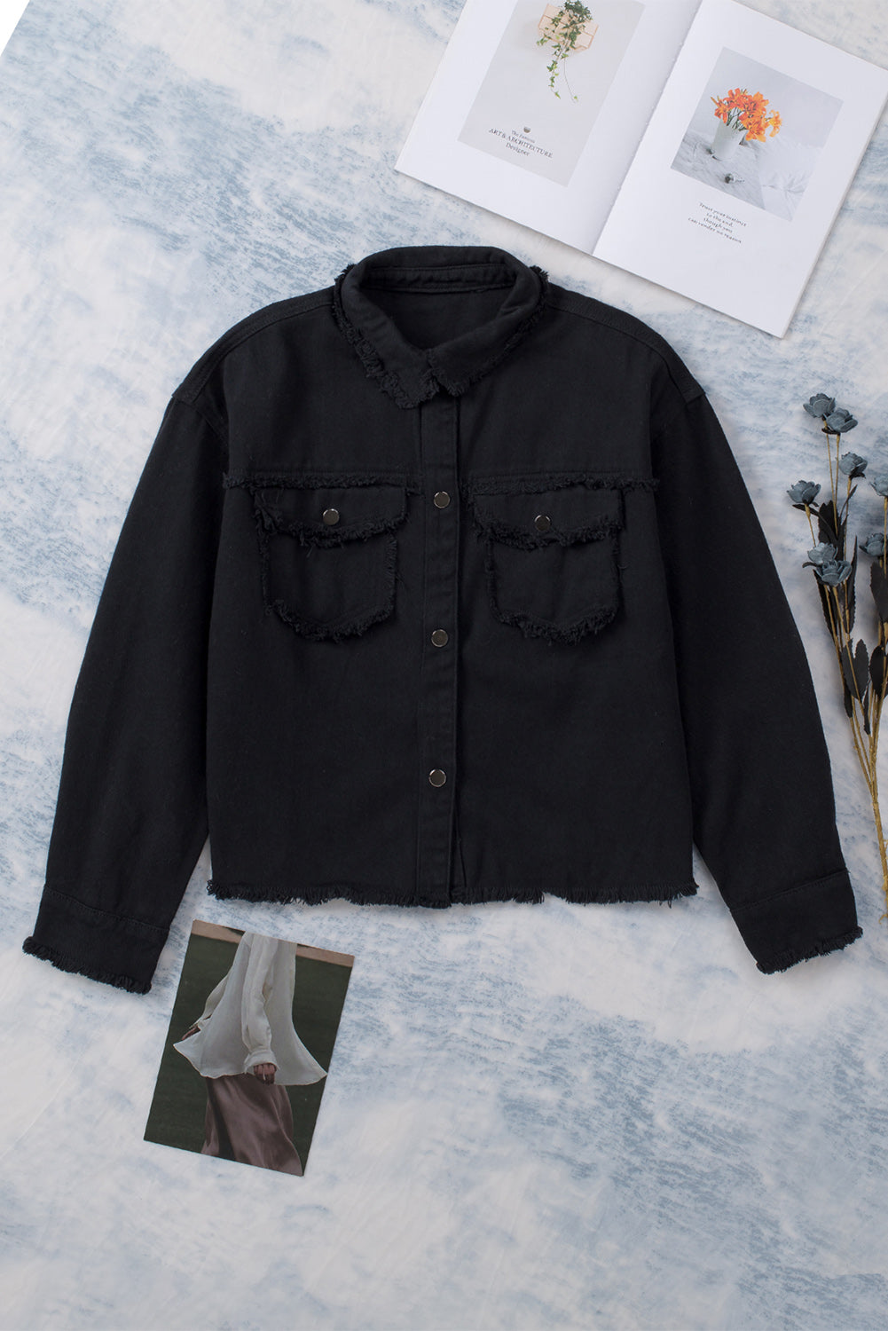 Frayed Trim Snap Down Denim Jacket - Black / S - Jackets & Coats - Coats & Jackets - 6 - 2024
