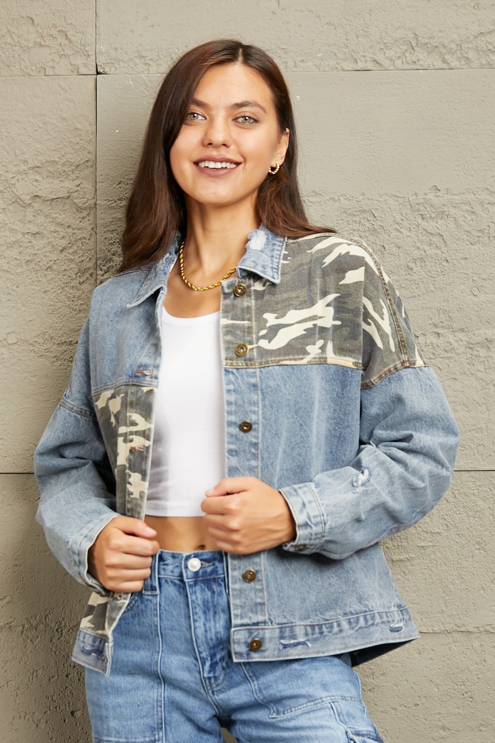 Full Size Washed Denim Camo Contrast Jacket - Light / S - Jackets & Coats - Coats & Jackets - 1 - 2024