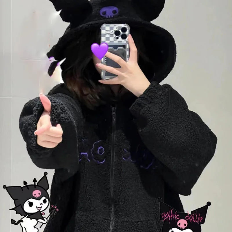 Kuromi Black Hooded Fleece Jacket - Jackets & Coats - Hoodies - 4 - 2024