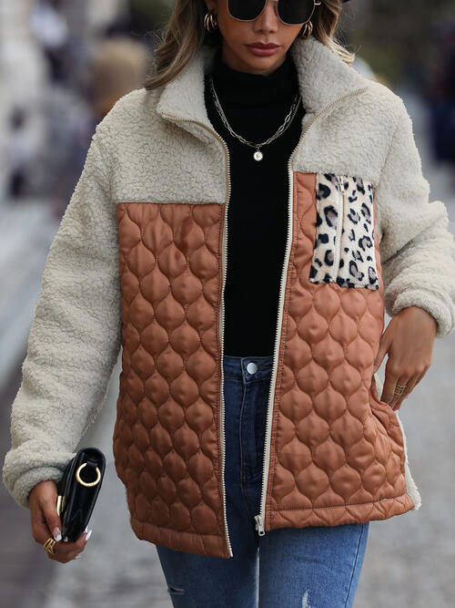 Leopard Color Block Zip-Up Jacket - Caramel / S - Jackets & Coats - Coats & Jackets - 1 - 2024