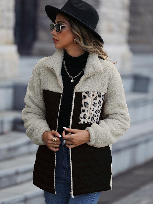 Leopard Color Block Zip-Up Jacket - Black / S - Jackets & Coats - Coats & Jackets - 10 - 2024