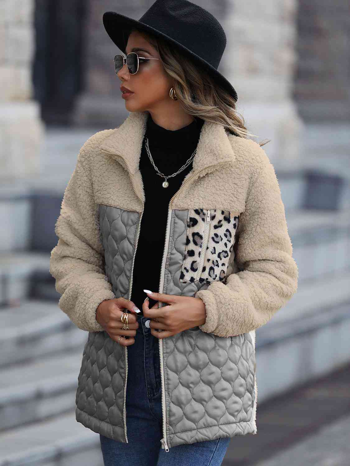 Leopard Color Block Zip-Up Jacket - Charcoal / S - Jackets & Coats - Coats & Jackets - 14 - 2024