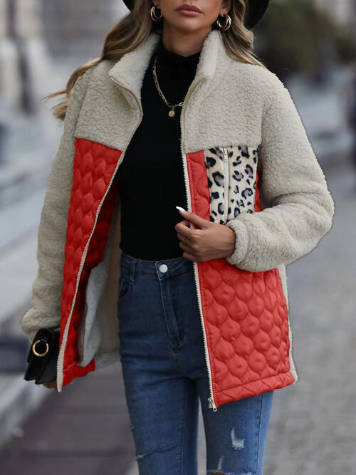 Leopard Color Block Zip-Up Jacket - Red Orange / S - Jackets & Coats - Coats & Jackets - 17 - 2024