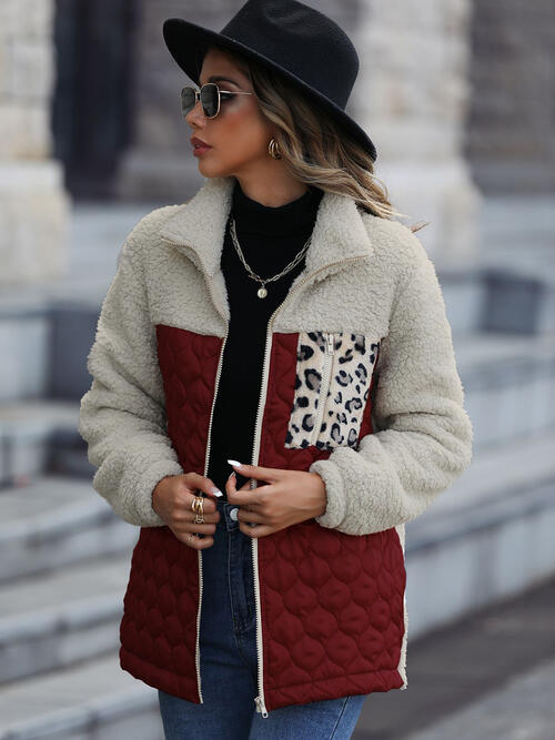 Leopard Color Block Zip-Up Jacket - Wine / S - Jackets & Coats - Coats & Jackets - 8 - 2024