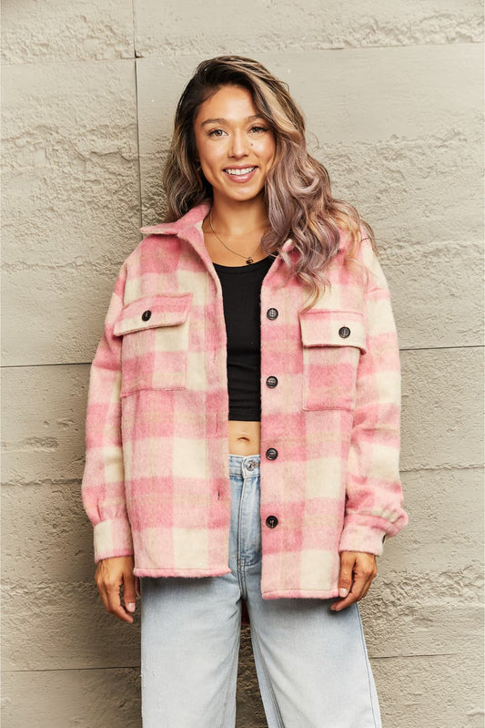 Plaid Collared Neck Button Down Jacket - Pink / S - Jackets & Coats - Coats & Jackets - 1 - 2024