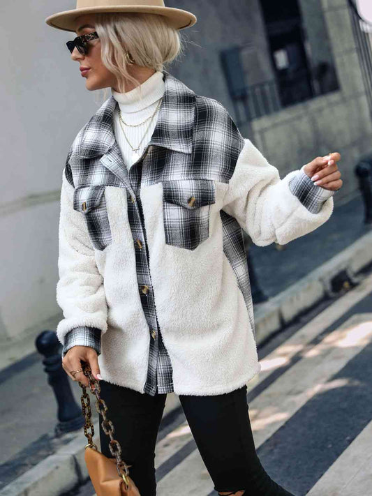 Plaid Collared Neck Button Down Jacket - White / S - Jackets & Coats - Coats & Jackets - 3 - 2024