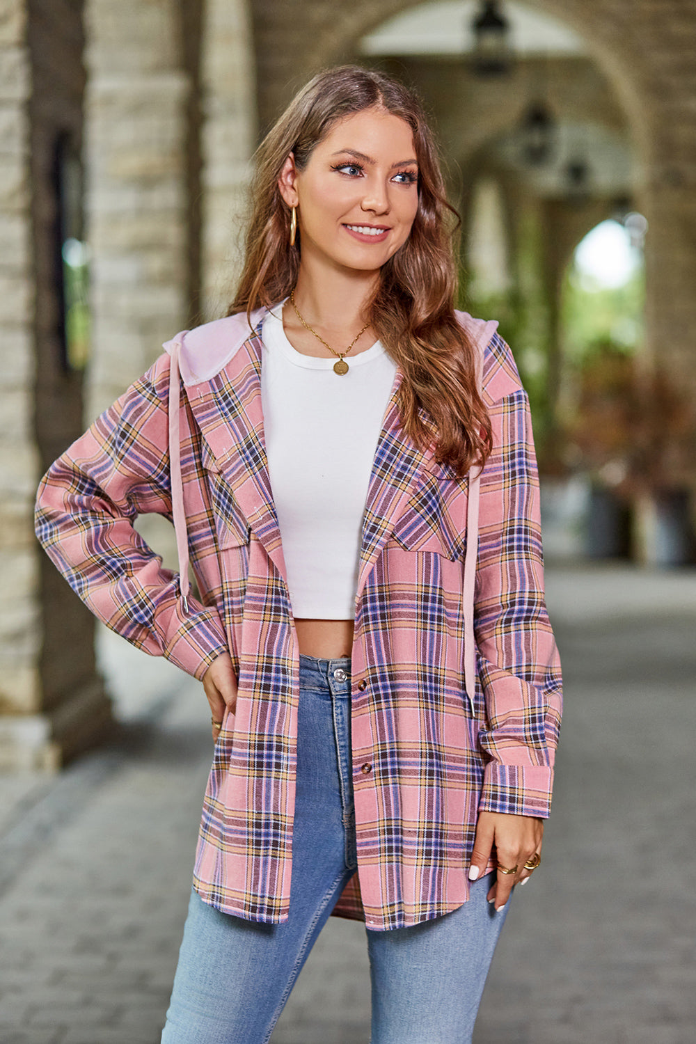 Plaid Long Sleeve Hooded Jacket - Pink / S - Jackets & Coats - Coats & Jackets - 1 - 2024
