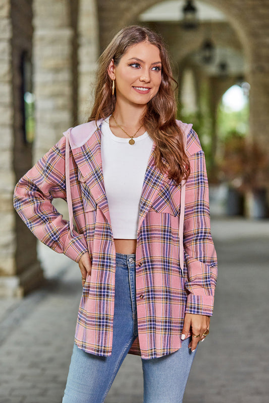 Plaid Long Sleeve Hooded Jacket - Pink / S - Jackets & Coats - Coats & Jackets - 1 - 2024