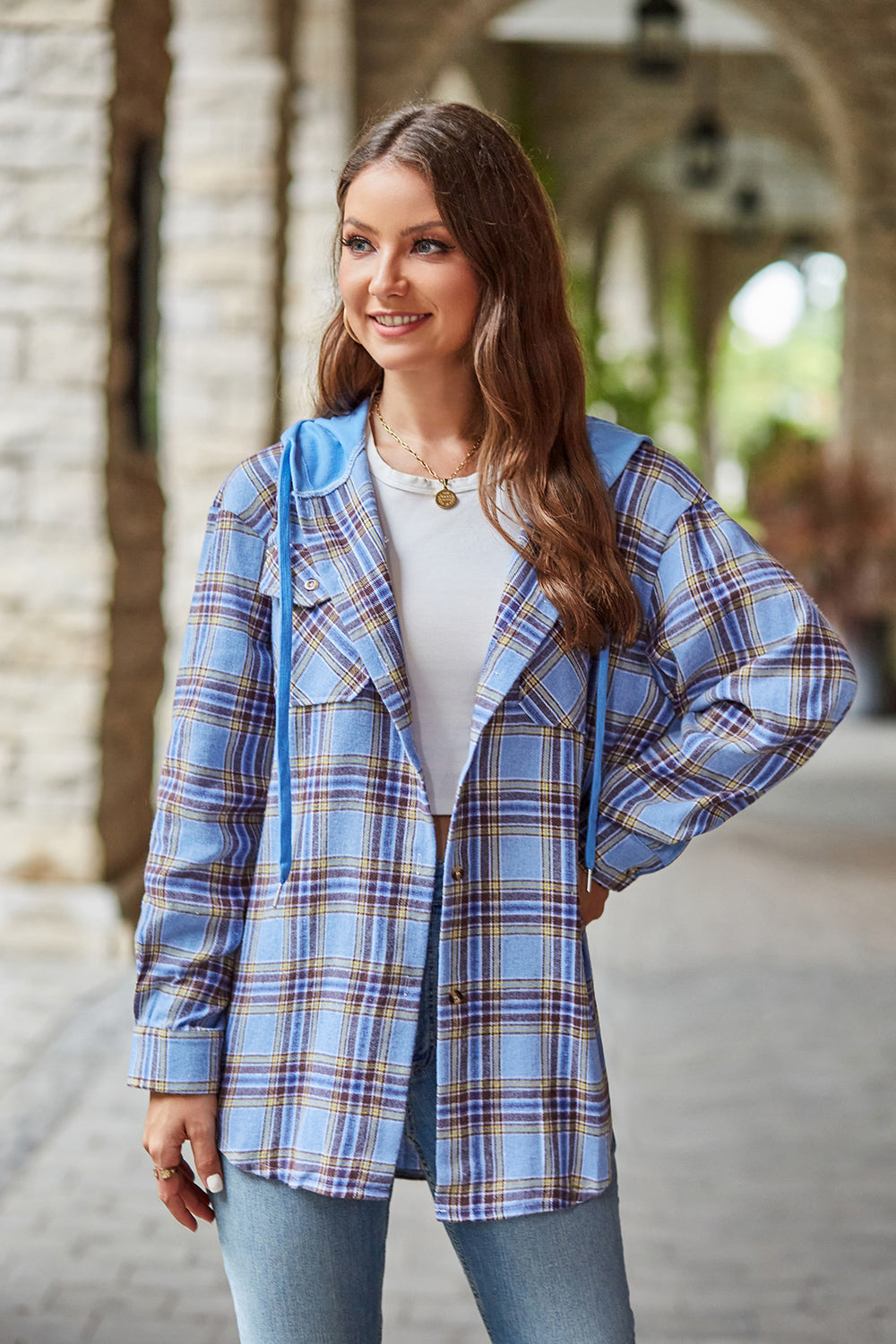 Plaid Long Sleeve Hooded Jacket - Blue / S - Jackets & Coats - Coats & Jackets - 13 - 2024