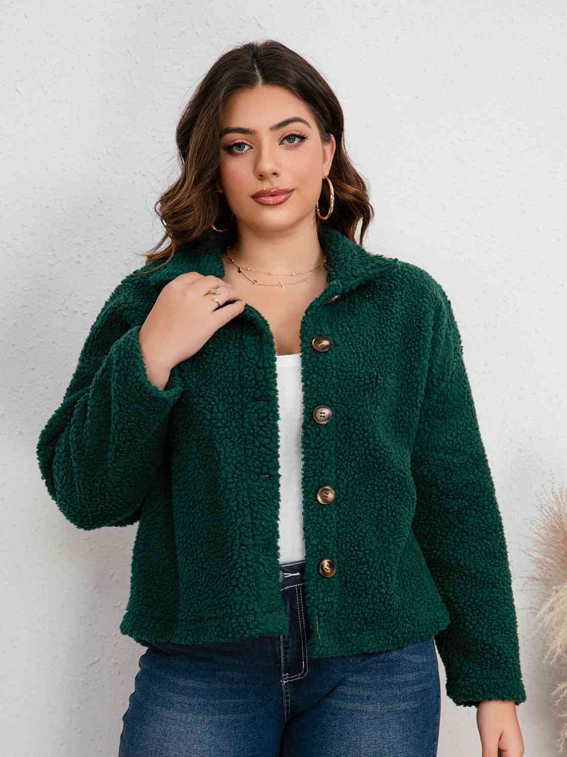 Plus Size Collared Neck Button Down Jacket - Green / 0XL - Jackets & Coats - Coats & Jackets - 1 - 2024