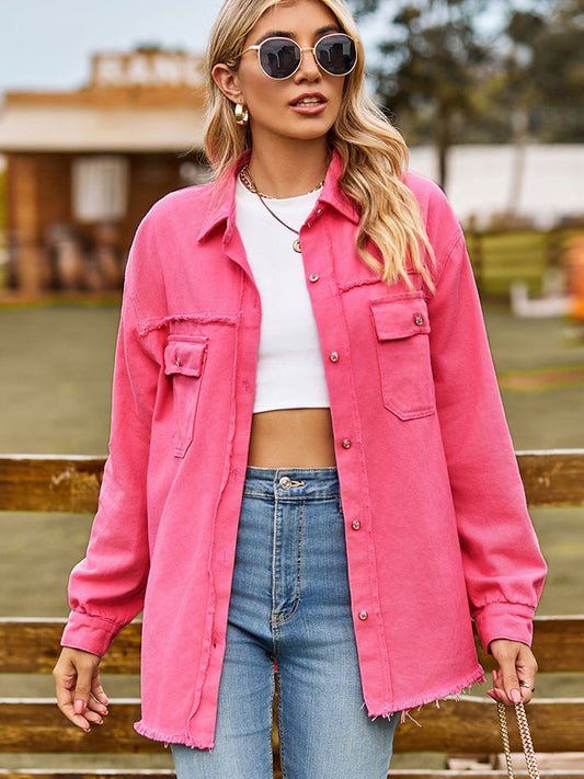 Raw Hem Denim Jacket with Pockets - Pink / S - Jackets & Coats - Coats & Jackets - 1 - 2024
