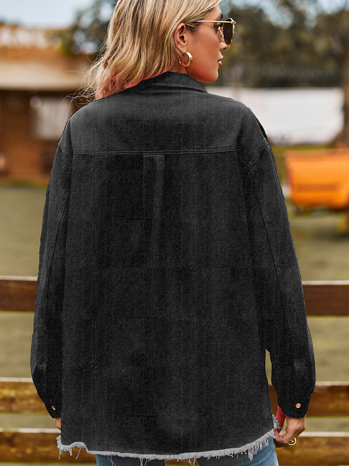 Raw Hem Denim Jacket with Pockets - Jackets & Coats - Coats & Jackets - 6 - 2024