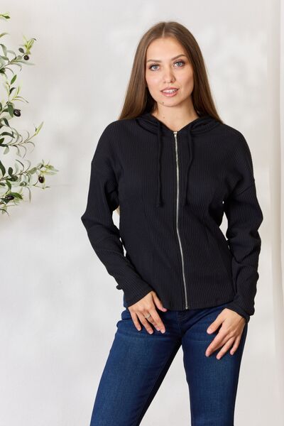 Ribbed Zip Up Drawstring Hooded Jacket - Black / S - Jackets & Coats - Coats & Jackets - 1 - 2024