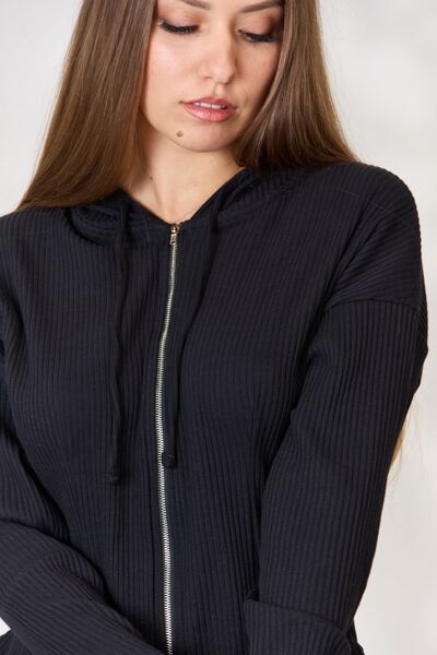 Ribbed Zip Up Drawstring Hooded Jacket - Jackets & Coats - Coats & Jackets - 5 - 2024