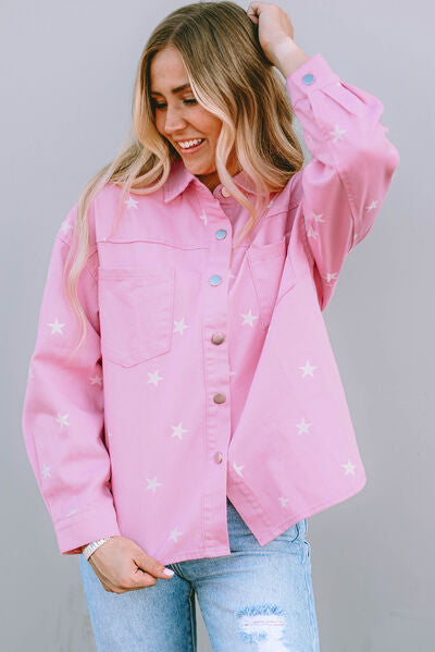 Star Pattern Button Up Slit Denim Jacket - Carnation Pink / S - Jackets & Coats - Coats & Jackets - 1 - 2024