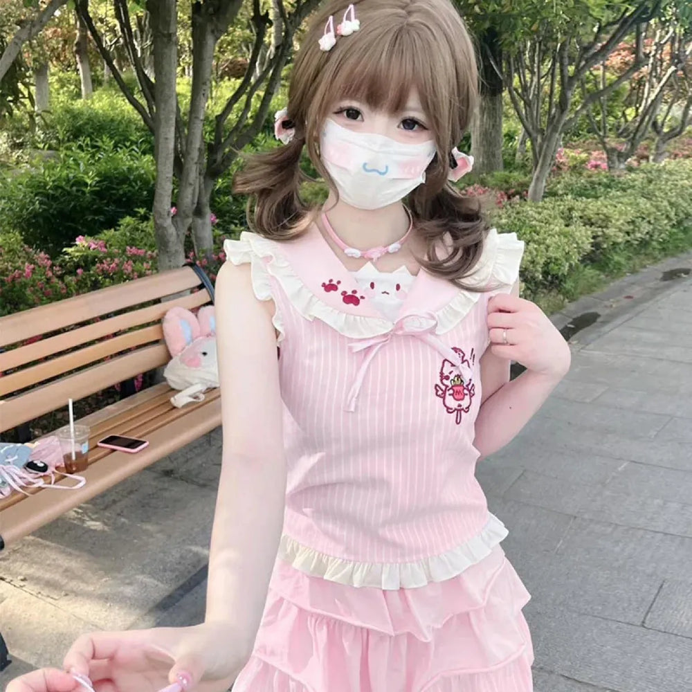 Kawaii Pink Sailor Collar Vest – Japanese Harajuku Y2K Cute Women’s T-Shirt - T-Shirts - Sleeveless - Crew - T-Shirts