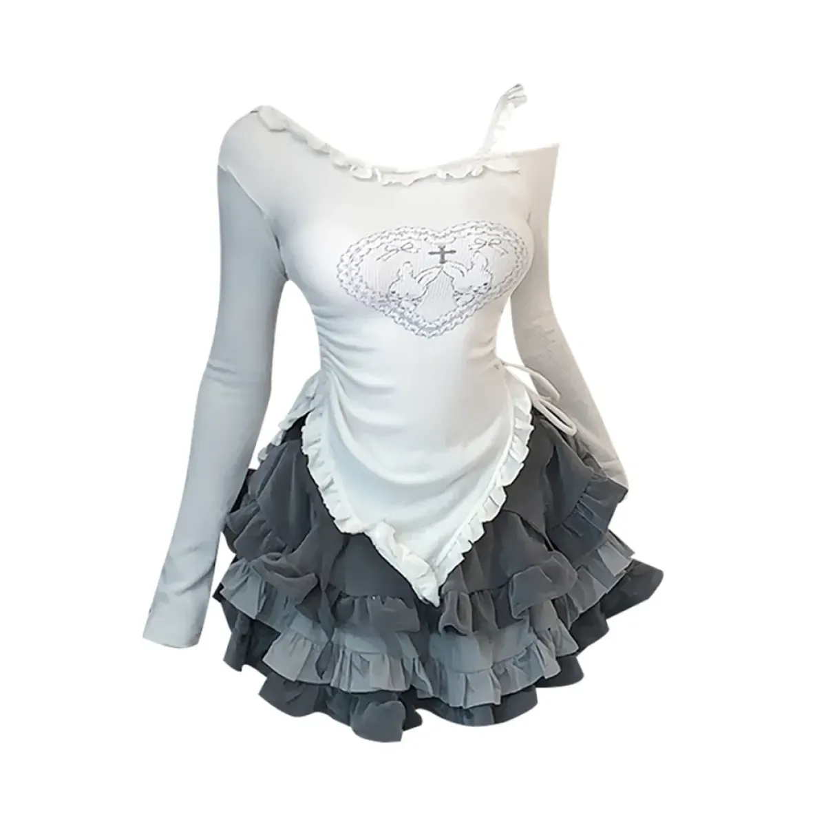 Japanese Kawaii 2-Piece Set - Long Sleeve Crop Top and A-Line Mini Skirt - Bottoms - 1