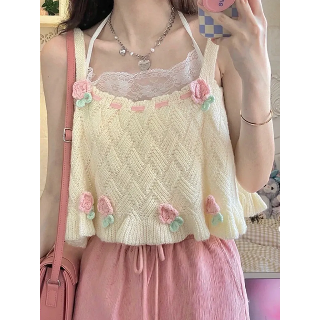Chic Japanese Kawaii Flower Embroidery Knit Tank Top - Tops - 1