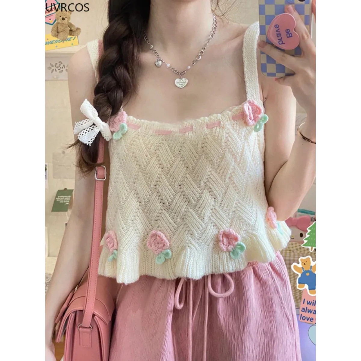 Chic Japanese Kawaii Flower Embroidery Knit Tank Top - Tops - 3