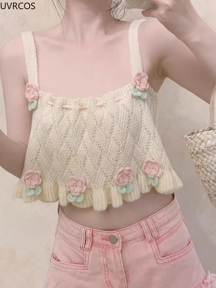 Chic Japanese Kawaii Flower Embroidery Knit Tank Top - Tops - Shirts & Tops - 4 - 2024