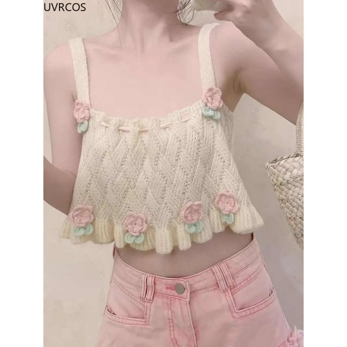 Chic Japanese Kawaii Flower Embroidery Knit Tank Top - Tops - 4