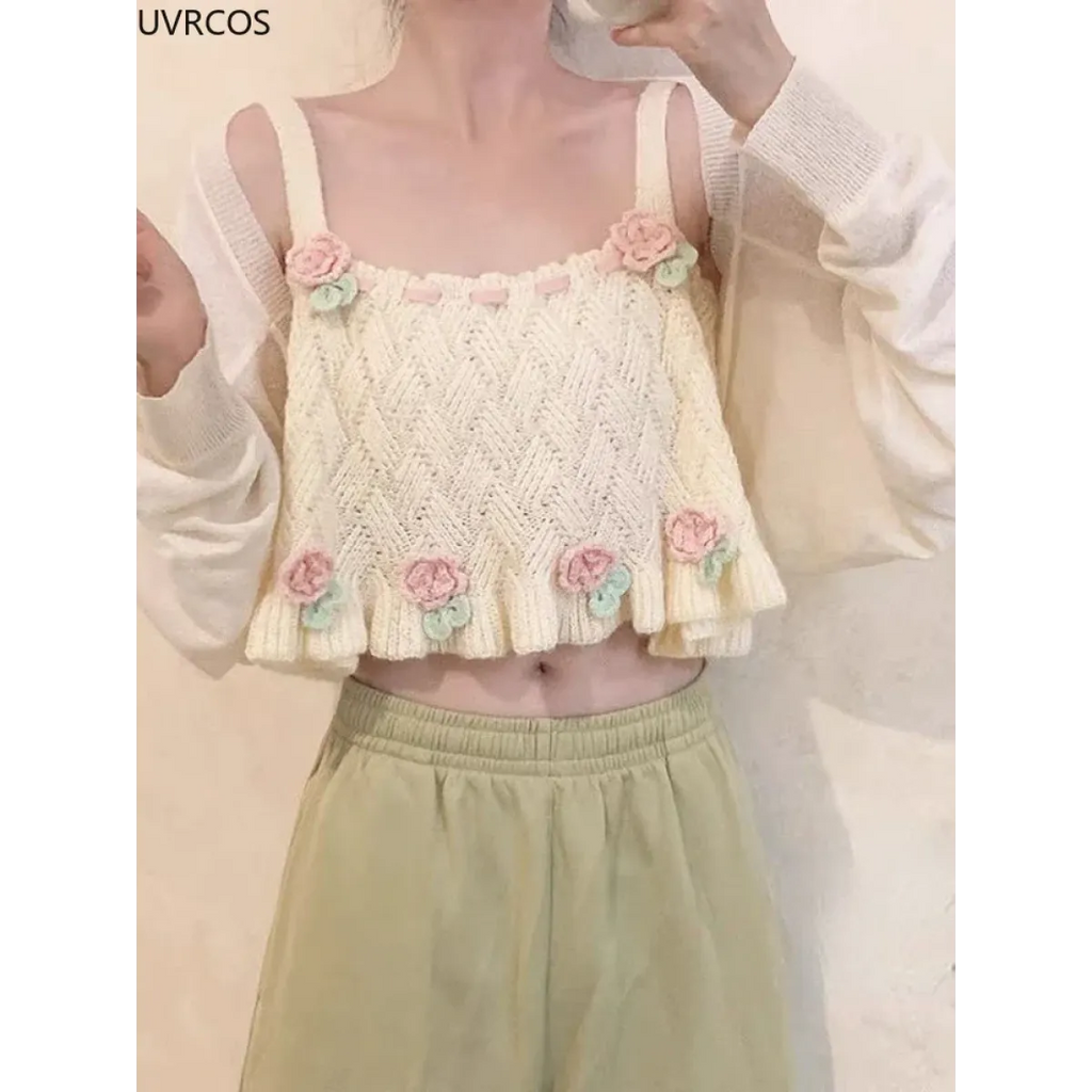 Chic Japanese Kawaii Flower Embroidery Knit Tank Top - Tops - 5