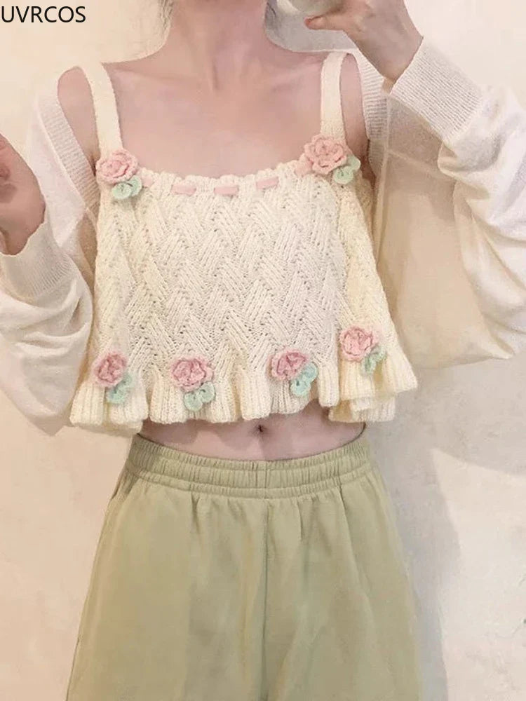 Chic Japanese Kawaii Flower Embroidery Knit Tank Top - Tops - Shirts & Tops - 5 - 2024