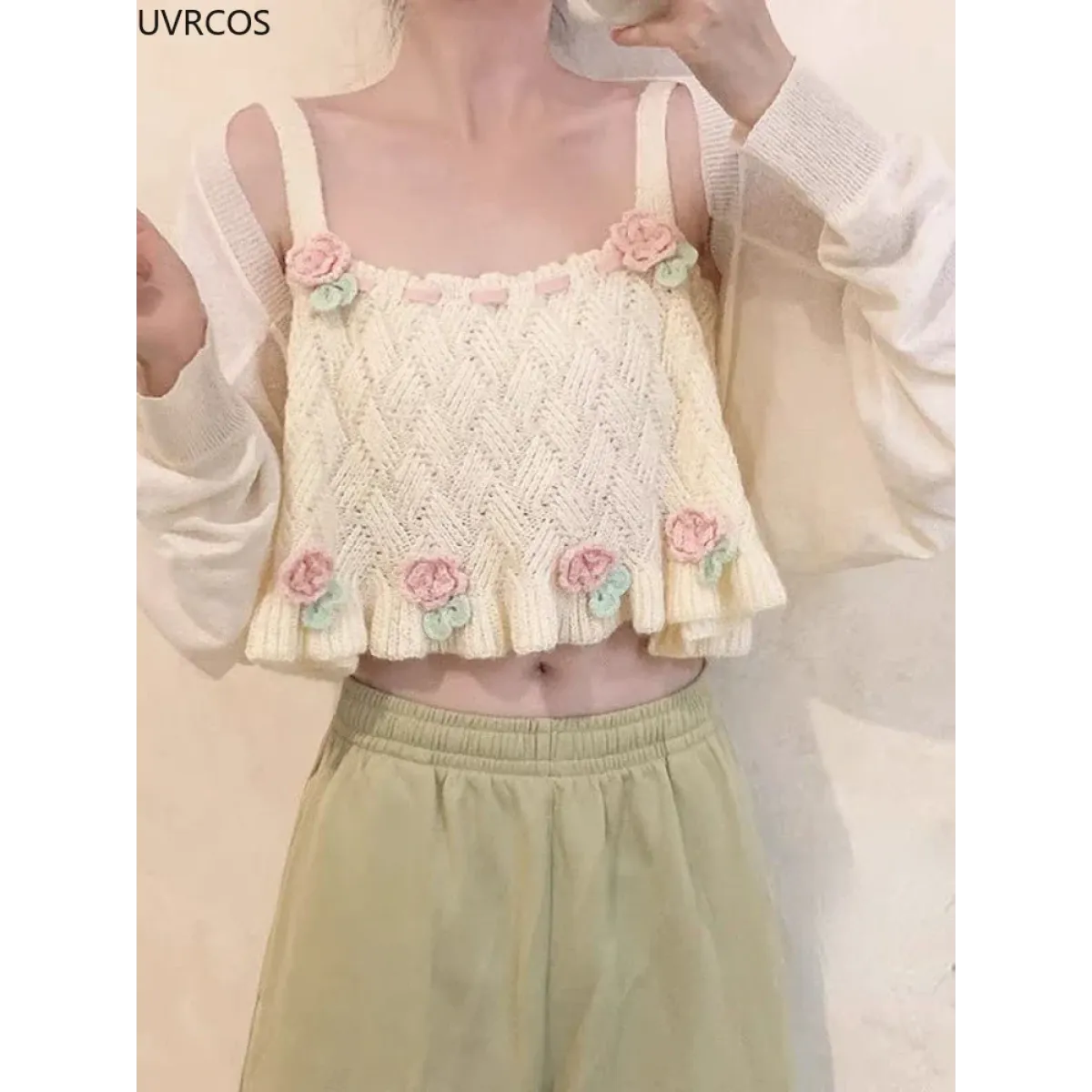 Chic Japanese Kawaii Flower Embroidery Knit Tank Top - Tops - 5