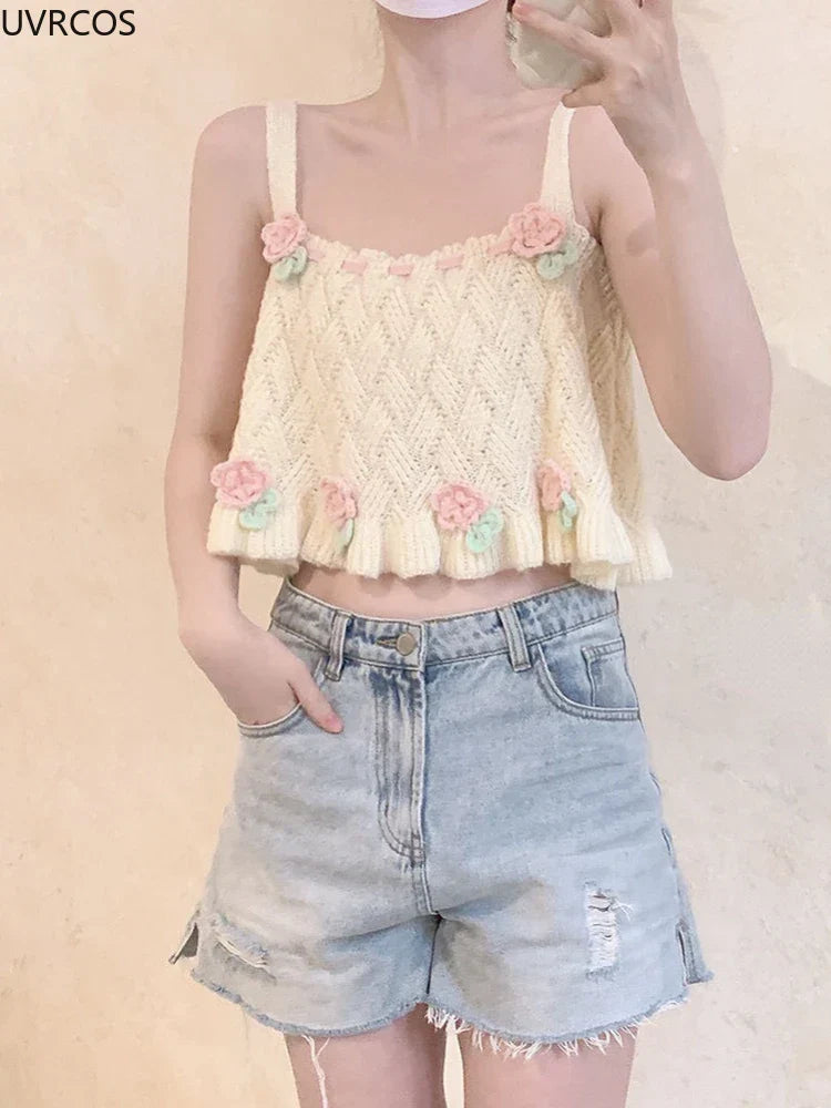 Chic Japanese Kawaii Flower Embroidery Knit Tank Top - Tops - Shirts & Tops - 6 - 2024