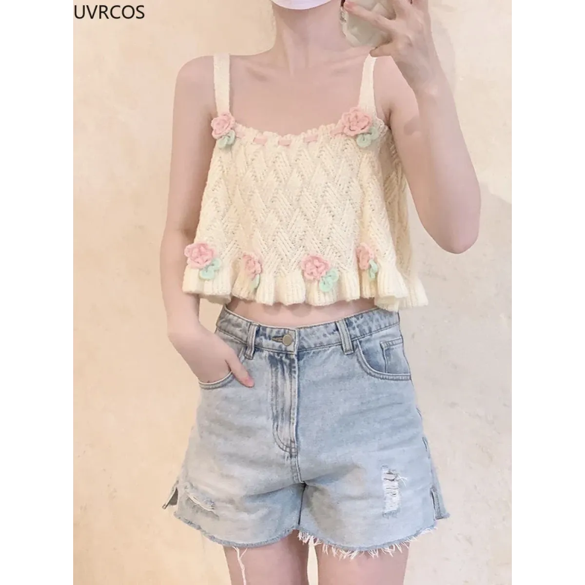 Chic Japanese Kawaii Flower Embroidery Knit Tank Top - Tops - 6