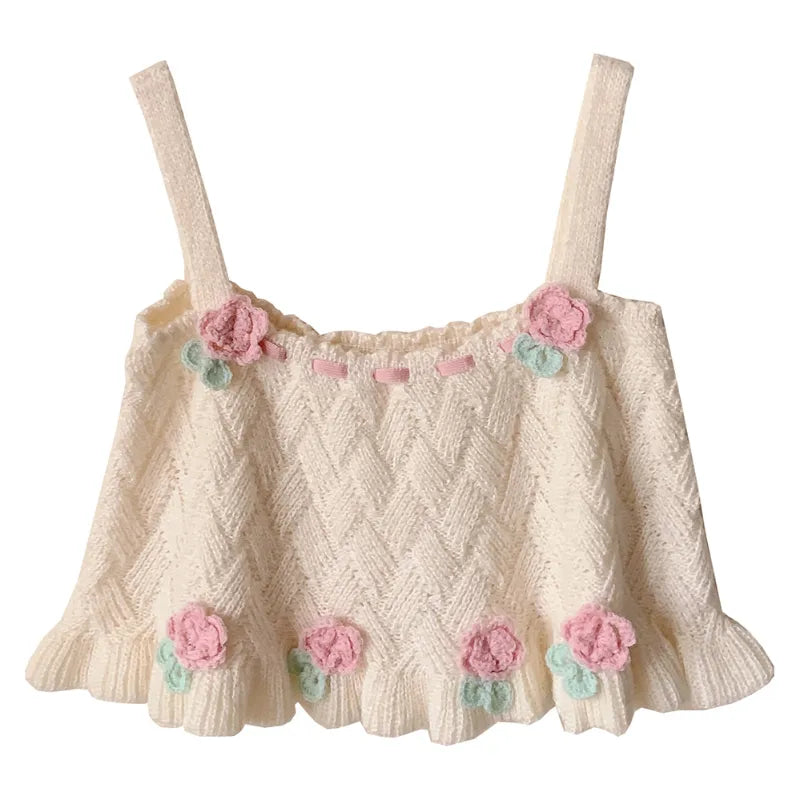 Chic Japanese Kawaii Flower Embroidery Knit Tank Top - White / S - Tops - Shirts & Tops - 7 - 2024