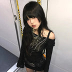 Japanese Knitted Grunge Tattoo Print Long Sleeve T-shirt - T-Shirts - 2