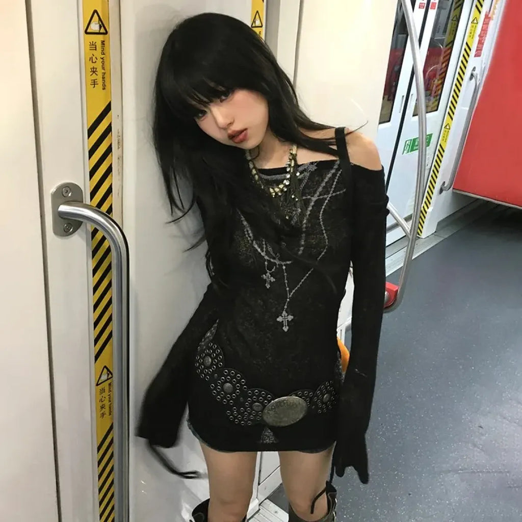 Japanese Knitted Grunge Tattoo Print Long Sleeve T-shirt - T-Shirts - 3