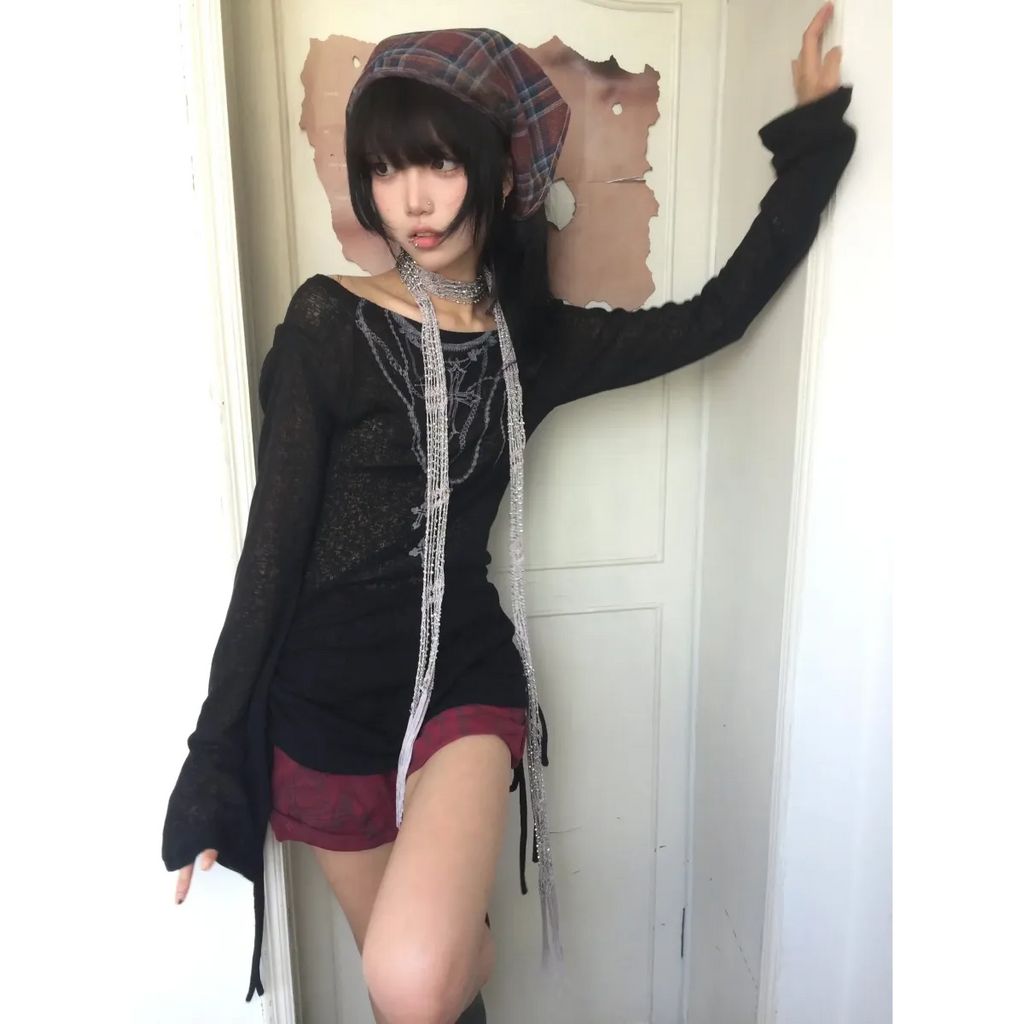 Japanese Knitted Grunge Tattoo Print Long Sleeve T-shirt - T-Shirts - 12