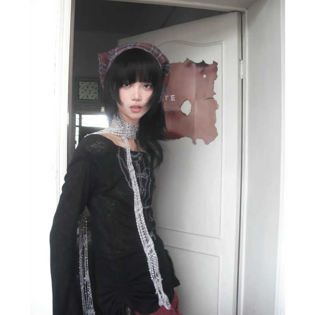 Japanese Knitted Grunge Tattoo Print Long Sleeve T-shirt - T-Shirts - 14