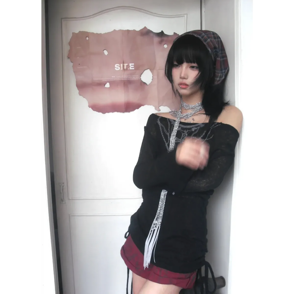 Japanese Knitted Grunge Tattoo Print Long Sleeve T-shirt - T-Shirts - 16