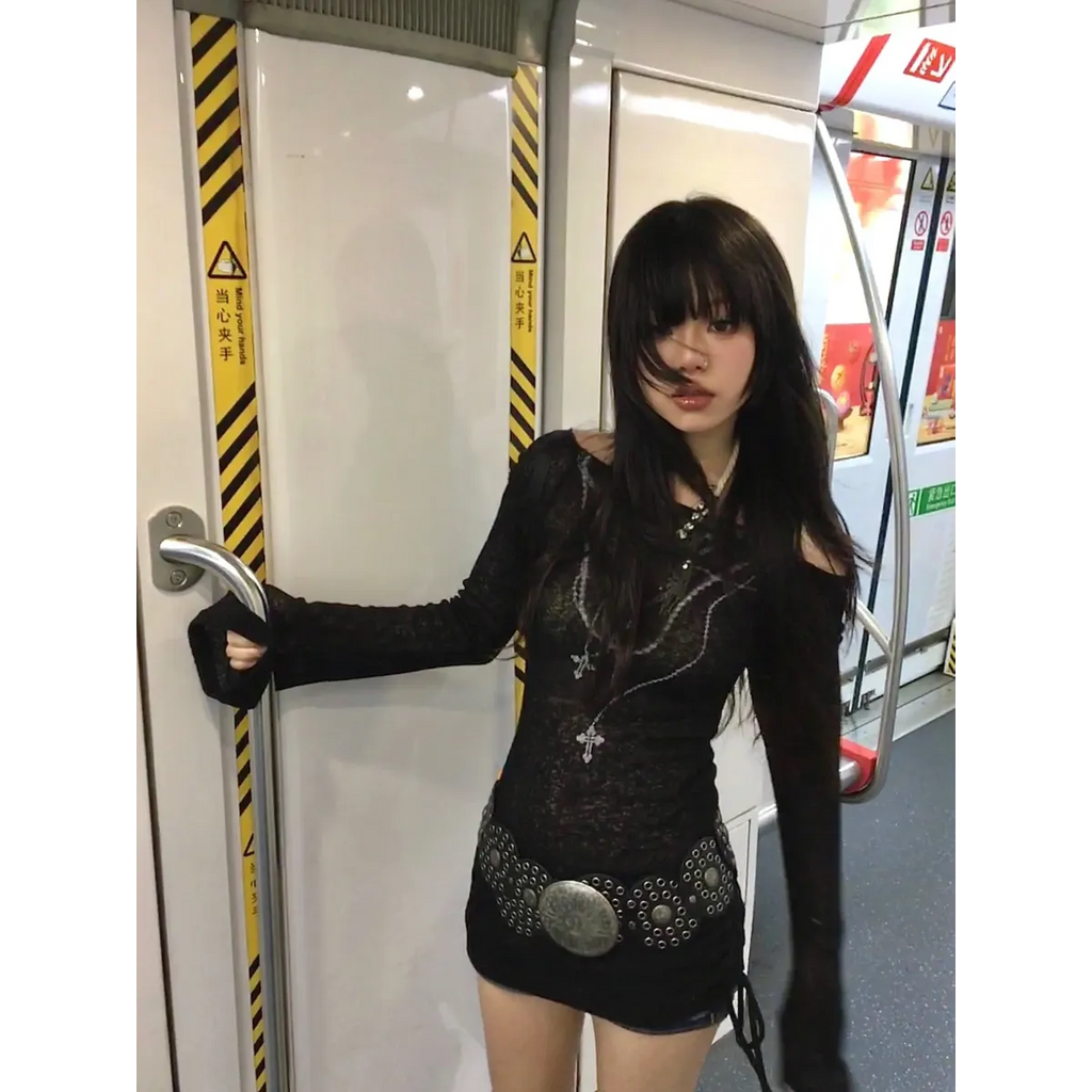 Japanese Knitted Grunge Tattoo Print Long Sleeve T-shirt - T-Shirts - 10