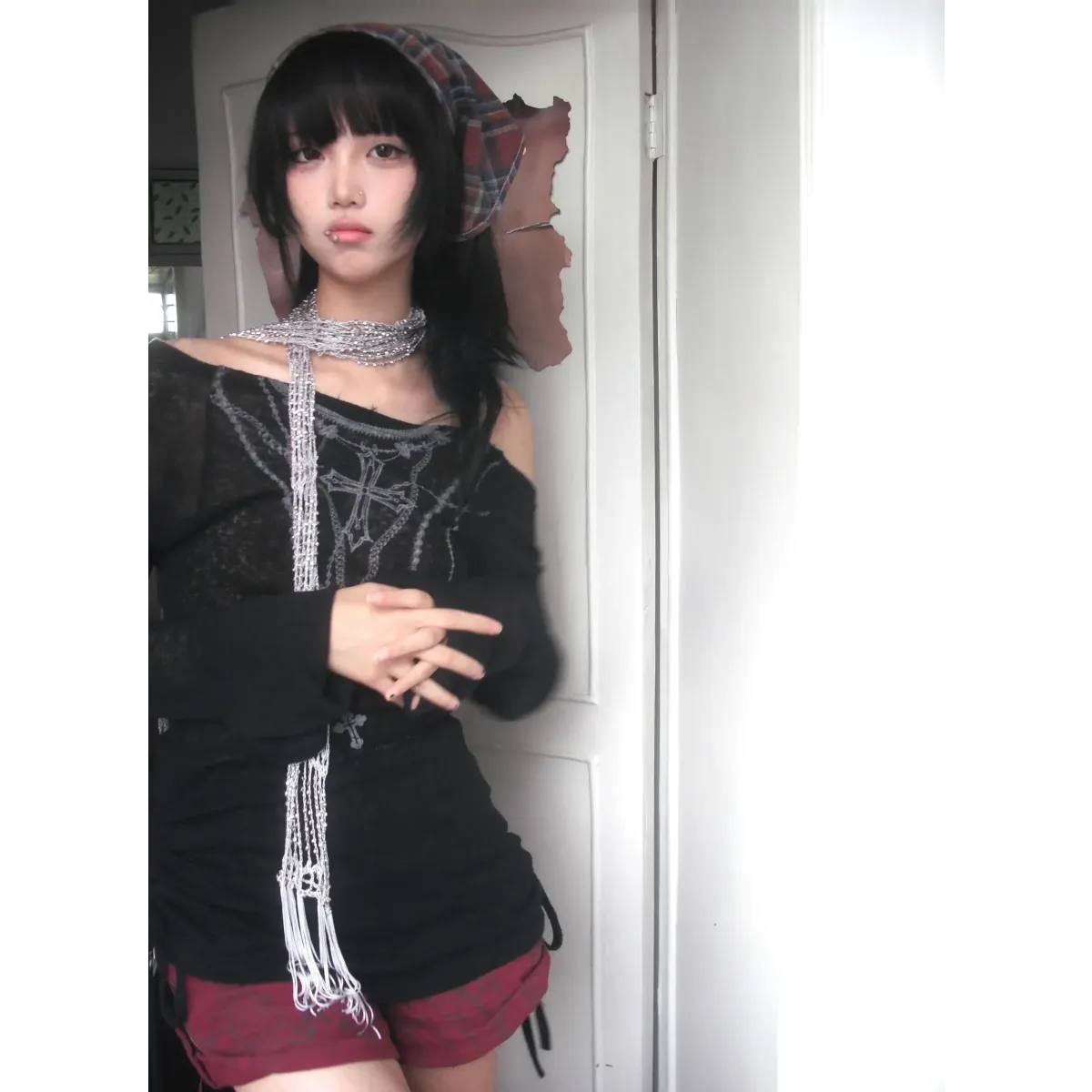 Japanese Knitted Grunge Tattoo Print Long Sleeve T-shirt - T-Shirts - 17