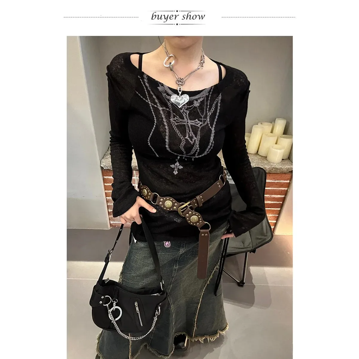 Japanese Knitted Grunge Tattoo Print Long Sleeve T-shirt - T-Shirts - 7