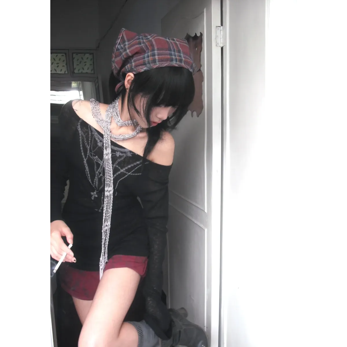 Japanese Knitted Grunge Tattoo Print Long Sleeve T-shirt - T-Shirts - 13