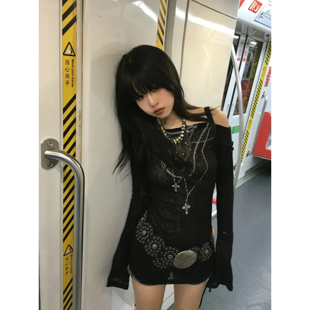 Japanese Knitted Grunge Tattoo Print Long Sleeve T-shirt - T-Shirts - 9