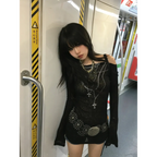 Japanese Knitted Grunge Tattoo Print Long Sleeve T-shirt - T-Shirts - 9