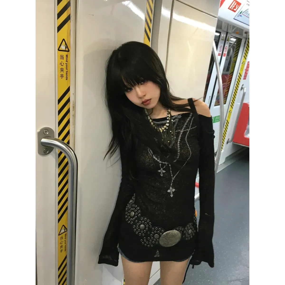 Japanese Knitted Grunge Tattoo Print Long Sleeve T-shirt - T-Shirts - 9