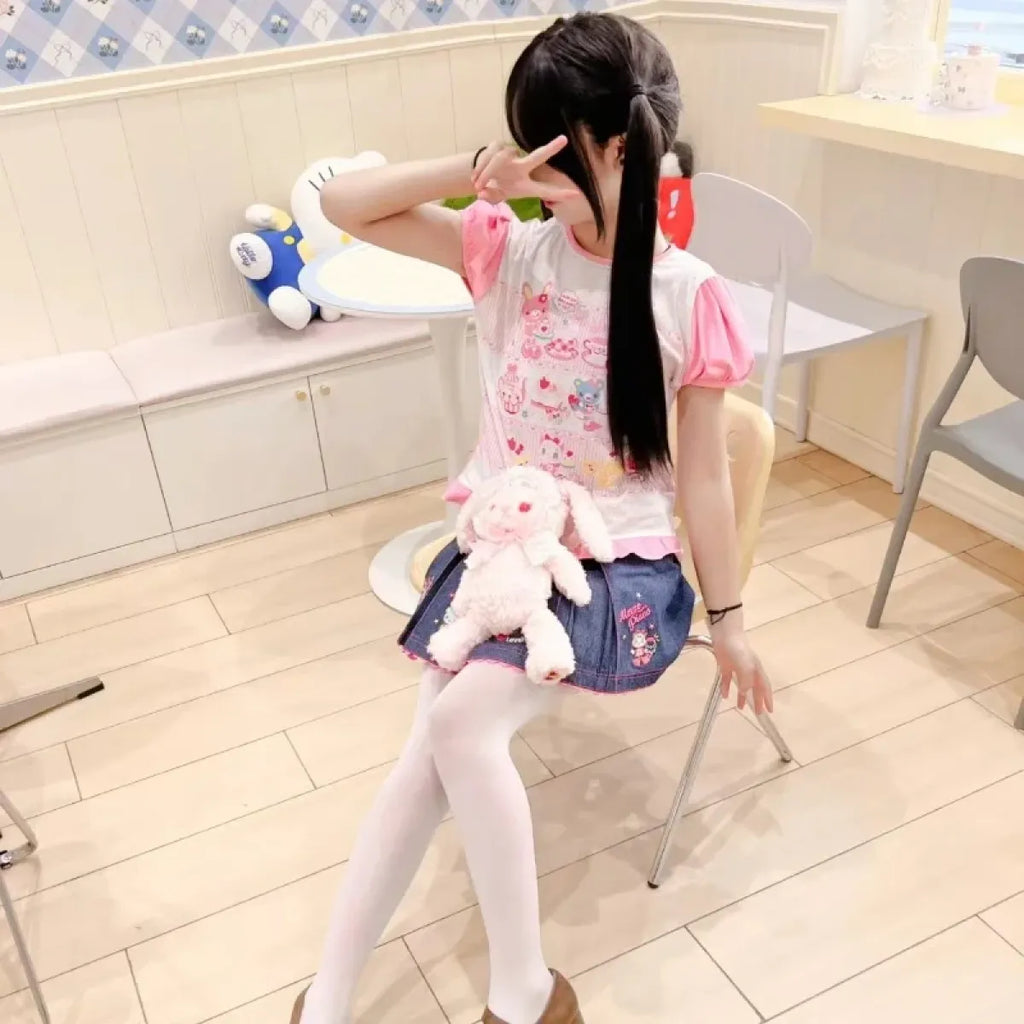 Cute Japanese Print T-Shirt – Colorful Kawaii Summer Top for Girls - T-Shirts - Short - Round - T-Shirt - 2