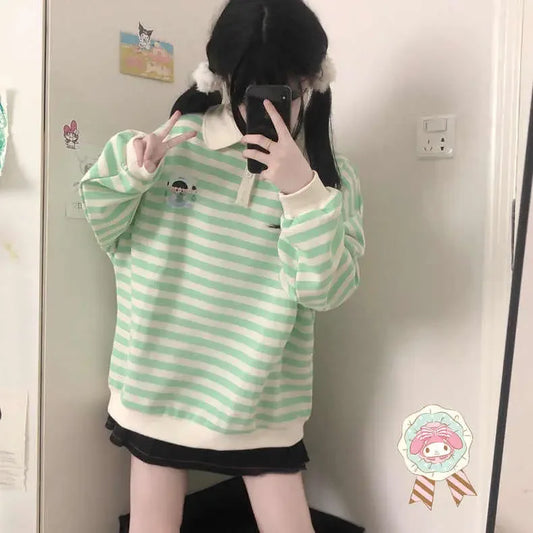 Japanese Y2K Preppy Style Sweatshirt - Cute Striped Vintage Hoodies for Women - Green / S - T-Shirts - Shirts & Tops