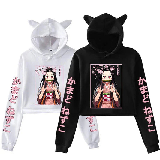 Kamado Nezuko Cat Ear Hoodie - Anime Crop Top Harajuku Style - Women’s Clothing & Accessories - Hoodies - 2024 - 1