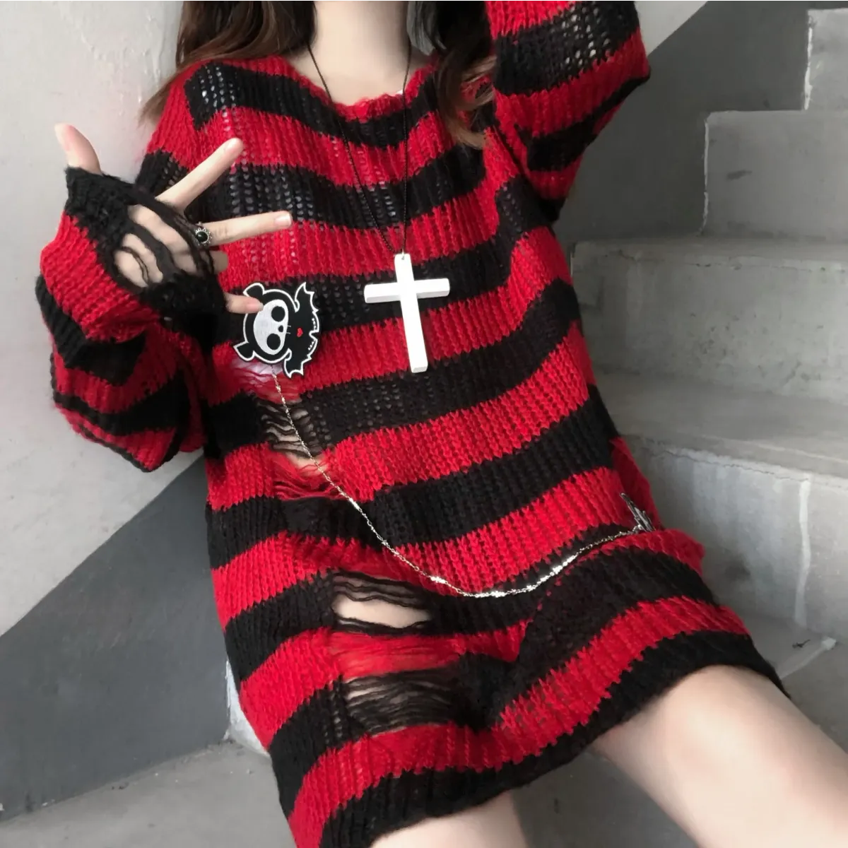Karrram Ripped Striped Gothic Knit Sweater - Sweaters - Sweater / Pullover - 12